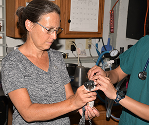 Kathleen holds a Belted Kingfisher being checked for injuries